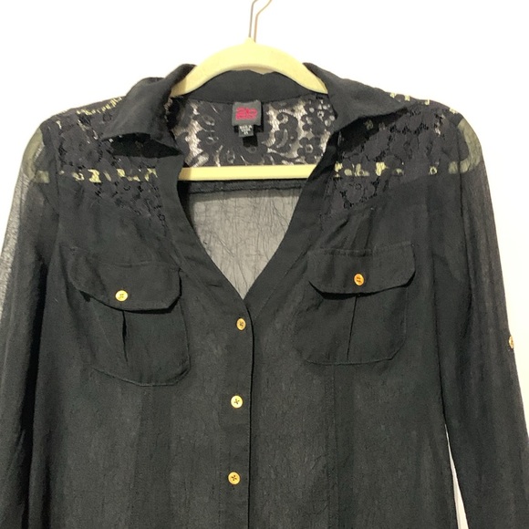 2B Bebe Semi Sheer Lace Panel Long Sleeve Button Down Shirt - Picture 3 of 6